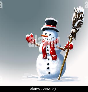 Snowman in hat with broom. Winter Christmas illustrations Stock Photo