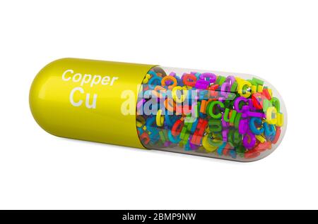 Capsule with copper Cu, dietary supplement. 3D rendering isolated on white background Stock Photo