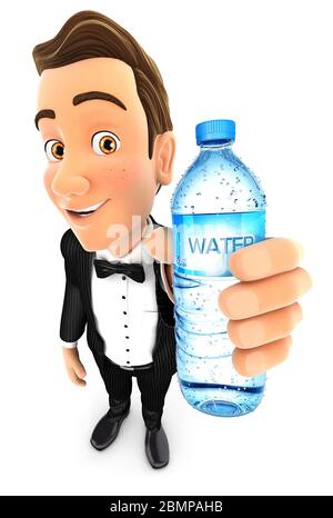 3d waiter holding water bottle, illustration with isolated white background Stock Photo