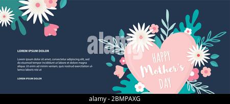 happy mother day banner with colorful flowers and a pink heart. can be use for sale advertisement, greeting cards etc. vector illustration Stock Vector