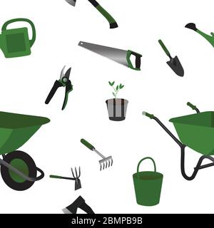 gardening tools objects seamless pattern illustration, flat design Stock Vector