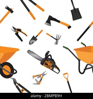 gardening tools objects seamless pattern illustration, flat design Stock Vector