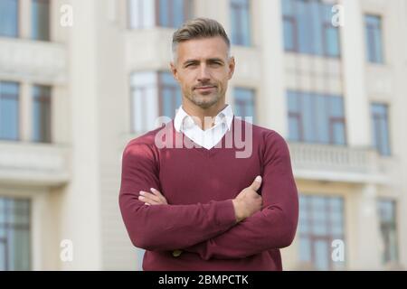 Suitable in current circumstances. Masculinity concept. Daily outfit. Man model clothes shop. Menswear and fashionable clothing. Man looks handsome in casual style. Confident manager. Handsome man. Stock Photo