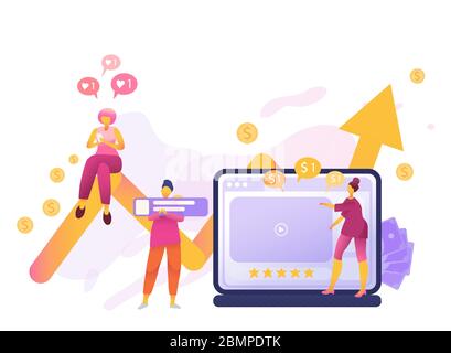 Cartoon icon with SMM, social media network influencer marketing with characters. 3D flat style infographic template. High ROI content, media production icon vector isolated metaphor illustration. Stock Vector