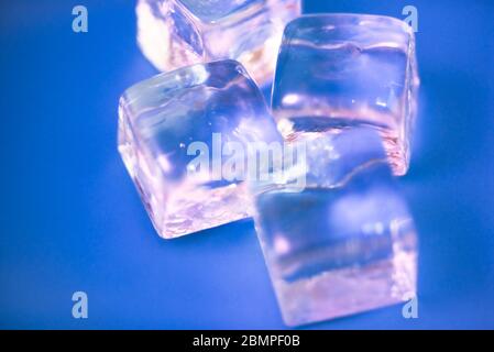 Four Ice cubes against a blue purple background Stock Photo