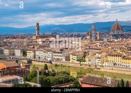 Florence, Italy - August 16, 2019: View of Florence Skyline with Ponte Vecchio and Santa Maria del Fiore Duomo, Tuscany, Italy Stock Photo