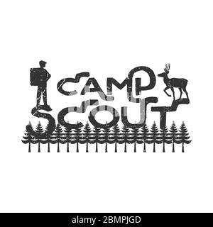 Monochrome Vintage Camp Scout Print with Traveler and Deer Stock Vector