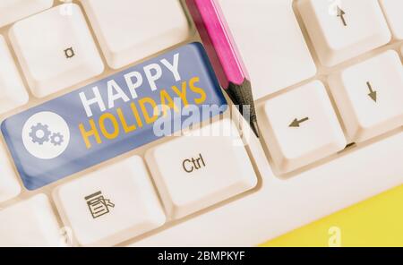 Handwriting text writing Happy Holidays. Conceptual photo Made a short journey by a group of showing for pleasure Stock Photo