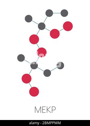 Methyl ethyl ketone peroxide (MEKP) explosive molecule. Stylized skeletal formula (chemical structure): Atoms are shown as color-coded circles: hydrogen (hidden), carbon (grey). Stock Photo