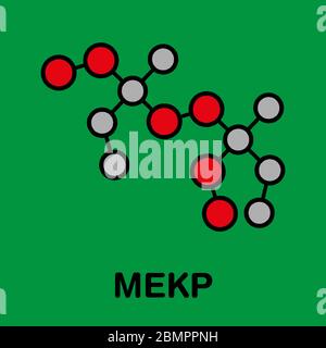 Methyl ethyl ketone peroxide (MEKP) explosive molecule. Stylized skeletal formula (chemical structure): Atoms are shown as color-coded circles: hydrogen (hidden), carbon (grey). Stock Photo