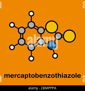 Mercaptobenzothiazole (MBT) skin sensitizer molecule. Used as rubber vulcanising agent. Stylized skeletal formula (chemical structure): Atoms are shown as color-coded circles: hydrogen (white), carbon (grey), sulfur (yellow), nitrogen (blue). Stock Photo