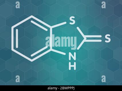 Mercaptobenzothiazole (MBT) skin sensitizer molecule. Used as rubber vulcanising agent. Skeletal formula. Stock Photo