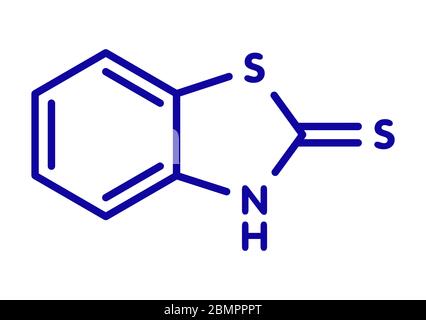 Mercaptobenzothiazole (MBT) skin sensitizer molecule. Used as rubber vulcanising agent. Skeletal formula. Stock Photo