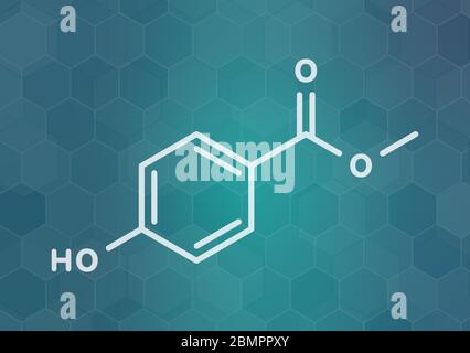 Methyl paraben preservative molecule. Skeletal formula. Stock Photo