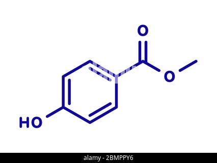 Methyl paraben preservative molecule. Skeletal formula. Stock Photo