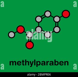 Methyl paraben preservative molecule. Stylized skeletal formula (chemical structure): Atoms are shown as color-coded circles: hydrogen (hidden), carbon (grey). Stock Photo