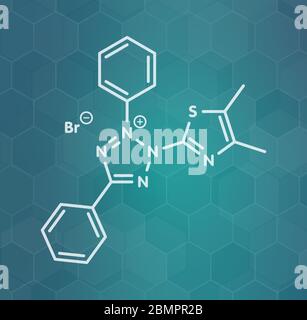 MTT yellow tetrazole dye molecule. Used in MTT assay, used to measure cytotoxicity and cell metabolic activity. Skeletal formula. Stock Photo