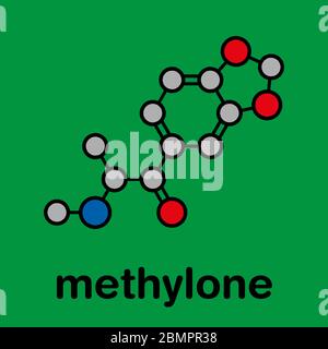 Methylone (bk-MDMA) stimulant molecule. Used as recreational drug. Stylized skeletal formula (chemical structure): Atoms are shown as color-coded circles: hydrogen (hidden), carbon (grey), nitrogen (blue), oxygen (red). Stock Photo