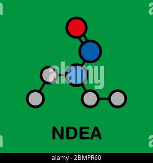 N-Nitroso-diethylamine or NDEA carcinogenic molecule. Stylized skeletal formula (chemical structure): Atoms are shown as color-coded circles: hydrogen (hidden), carbon (grey), oxygen (red), nitrogen (blue). Stock Photo