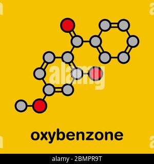 Oxybenzone sunscreen molecule. Stylized skeletal formula (chemical structure): Atoms are shown as color-coded circles: hydrogen (hidden), carbon (grey), oxygen (red). Stock Photo