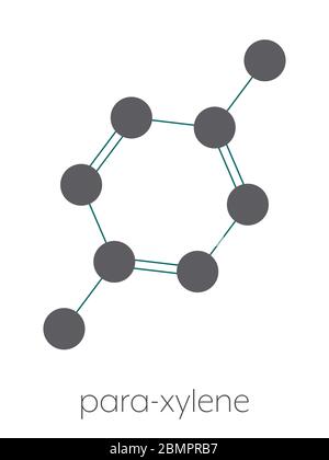 Para-xylene (p-xylene) aromatic hydrocarbon molecule. Stylized skeletal formula (chemical structure): Atoms are shown as color-coded circles: hydrogen (hidden), carbon (grey). Stock Photo