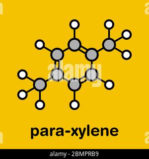 Para-xylene (p-xylene) aromatic hydrocarbon molecule. Stylized skeletal formula (chemical structure): Atoms are shown as color-coded circles: hydrogen (white), carbon (grey). Stock Photo