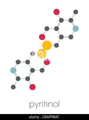 Pyritinol (pyridoxine disulfide) cognitive and learning disorder drug molecule. Also used in nootropic dietary supplements. Stylized skeletal formula (chemical structure): Atoms are shown as color-coded circles: hydrogen (hidden), carbon (grey), oxygen (red), nitrogen (blue), sulfur (yellow). Stock Photo