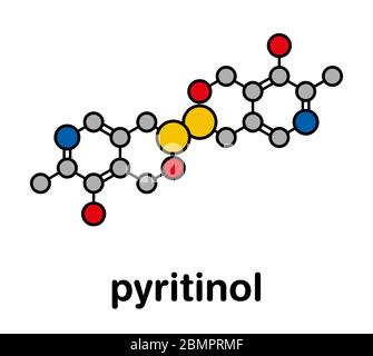 Pyritinol (pyridoxine disulfide) cognitive and learning disorder drug molecule. Also used in nootropic dietary supplements. Stylized skeletal formula (chemical structure): Atoms are shown as color-coded circles: hydrogen (hidden), carbon (grey), oxygen (red), nitrogen (blue), sulfur (yellow). Stock Photo