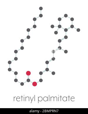 Retinyl palmitate vitamin supplement molecule. Ester of vitamin A (retinol) and palmitic acid. Stylized skeletal formula (chemical structure): Atoms are shown as color-coded circles: hydrogen (hidden), carbon (grey), oxygen (red). Stock Photo