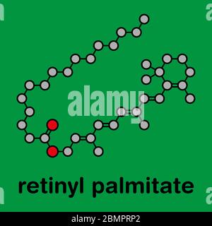 Retinyl palmitate vitamin supplement molecule. Ester of vitamin A (retinol) and palmitic acid. Stylized skeletal formula (chemical structure): Atoms are shown as color-coded circles: hydrogen (hidden), carbon (grey), oxygen (red). Stock Photo