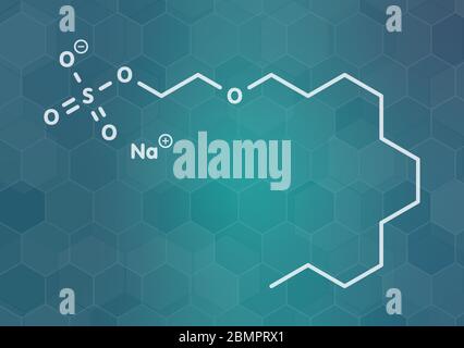 Sodium laureth sulphate detergent molecule. Used in cosmetics, soaps, shampoos, etc. Skeletal formula. Stock Photo