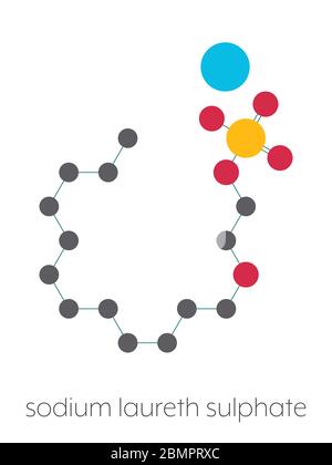 Sodium laureth sulphate detergent molecule. Used in cosmetics, soaps, shampoos, etc. Stylized skeletal formula (chemical structure): Atoms are shown as color-coded circles: hydrogen (hidden), carbon (grey), sodium (blue), oxygen (red), sulfur (yellow). Stock Photo