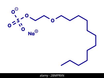 Sodium laureth sulphate detergent molecule. Used in cosmetics, soaps, shampoos, etc. Skeletal formula. Stock Photo