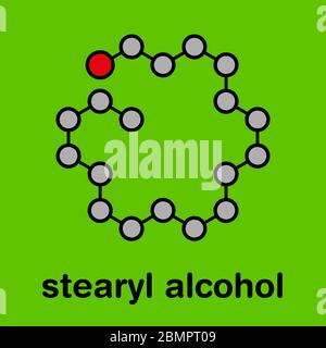Stearyl alcohol molecule. Constituent of cetostearyl alcohol (cetearyl alcohol, cetylstearyl alcohol). Stylized skeletal formula (chemical structure): Atoms are shown as color-coded circles: hydrogen (hidden), carbon (grey), oxygen (red). Stock Photo
