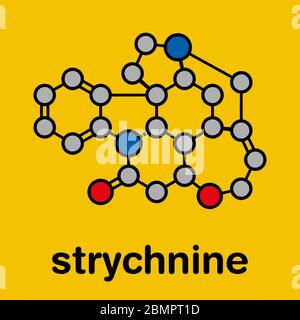 Strychnine poisonous alkaloid molecule. Isolated from Strychnos nux-vomica tree. Stylized skeletal formula (chemical structure): Atoms are shown as color-coded circles: hydrogen (hidden), carbon (grey), oxygen (red), nitrogen (blue). Stock Photo