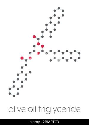 Olive oil triglyceride. Example of an olive oil triglyceride, containing 3 oleic acid moieties (glyceryl trioleate). Stylized skeletal formula (chemical structure): Atoms are shown as color-coded circles: hydrogen (hidden), carbon (grey). Stock Photo