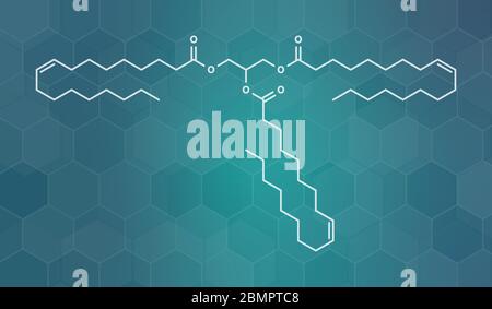 Olive oil triglyceride. Example of an olive oil triglyceride, containing 3 oleic acid moieties (glyceryl trioleate). Skeletal formula. Stock Photo