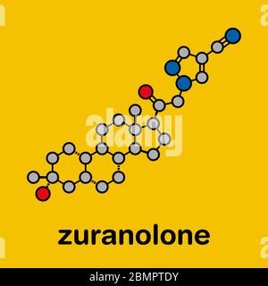 Zuranolone drug molecule. Stylized skeletal formula (chemical structure): Atoms are shown as color-coded circles: hydrogen (hidden), carbon (grey), nitrogen (blue), oxygen (red). Stock Photo
