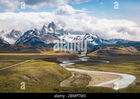 Aerial view of Patagonia landscape including Mount Fitzroy and Las Vueltas River in El Chalten, Argentina, South America.