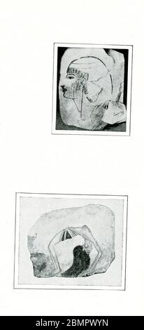 The photo here shows an ancient Egyptian ostrakon, a potsherd used as a writing surface. At the time, ostraca may have been used as scratchpads. Top: This ostrakon has the head of an Egyptian drawn in outline in black and heightened with red. This ostrakon is housed in the Museum in Cairo  Bottom: This ancient Egyptian ostrakon of a Dancing Girl in an acrobatic position in a short black skirt and gold earrings is housed in the Museum in Turin. The object comes from the ancient Egyptian village, Deir el-Medina, dating back to the period of the New Kingdom  (between 16th and the 11th century BC) Stock Photo