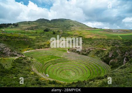 Circular Inca terraces of Moray, an archaeological site in the Sacred Valley, Cusco Region, Peru, South America. Stock Photo