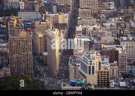 Aerial view of Manhattan including architectural landmark Flatiron Building in New York City, United States of America. Stock Photo