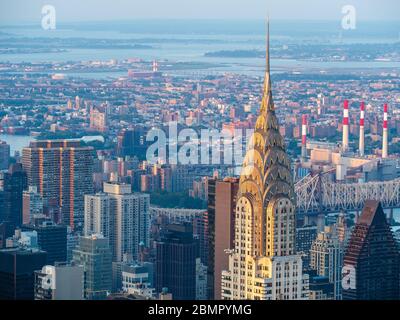 New York City skyline including architectural landmark Chrysler Building in Manhattan, New York, United States of America.