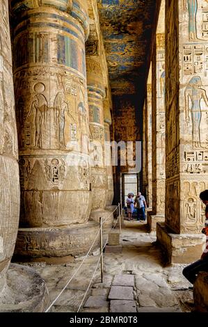 Looking North through the columns of the second courtyard portico in the temple of Ramses III at Medinet Habu Stock Photo
