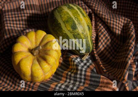 Image of two decorative pumpkins, one yellow and one green on a brown rag and side light Stock Photo