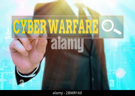 Word writing text Cyber Warfare. Business photo showcasing Virtual War Hackers System Attacks Digital Thief Stalker Stock Photo
