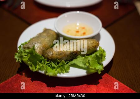 Vietnamese style deep fried spring rolls with dipping sauce. Asian spring rolls, springrollls Stock Photo