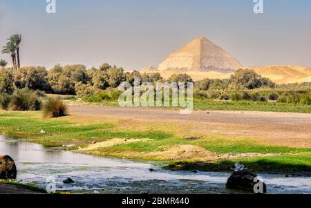 Looking at the Bent Pyramid from King Farouk Lake Stock Photo