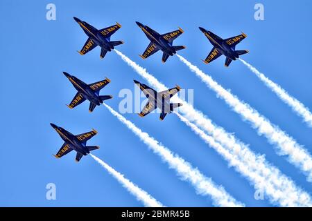 US Navy's Blue Angels team flyover Boca Raton Florida pn May 8th 2020 in a tribute to frontline COVID-19 responders Stock Photo