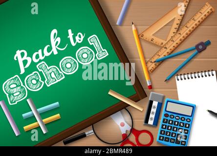 Back to school vector concept design. Back to school text in chalk board with student supplies like pencil, calculator, chalk, ruler. Stock Vector